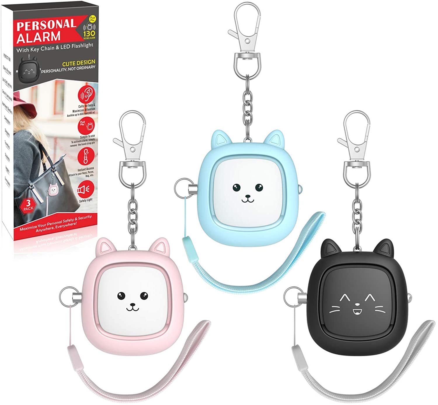Safe Sound Personal Alarm, 3 Pack 130 Db Loud Siren Song Emergency Self-Defense Security Alarm Keychain with LED Light, Personal Sound Safety Siren for Women, Men, Children, Elderly