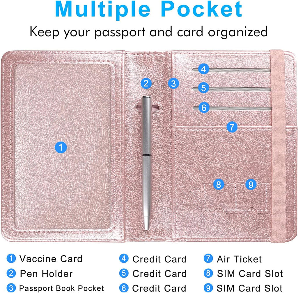 Passport and Vaccine Card Holder Combo, Cover Case with CDC Vaccination Card Slot, Leather Travel Documents Organizer Protector, with RFID Blocking, for Women and Men, Aa-Rose Gold, Compact