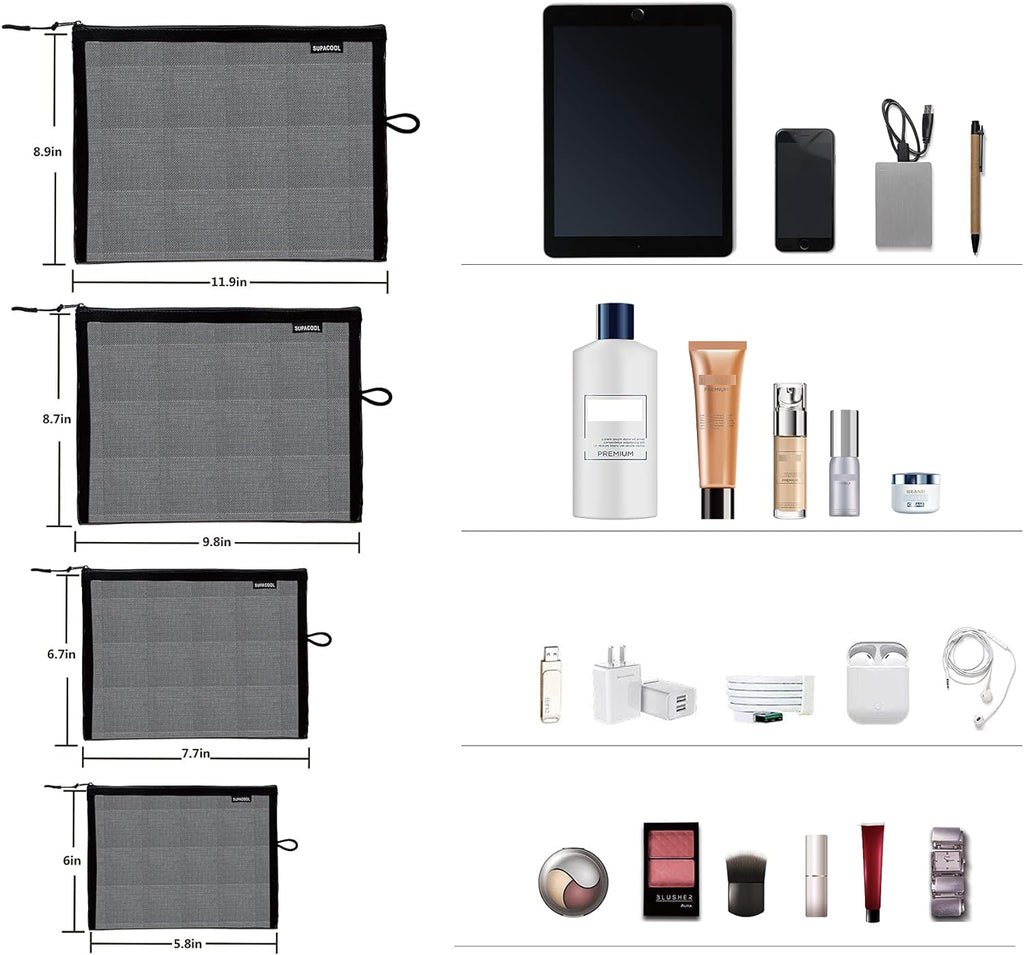 Set of 4 Travel Mesh Makeup Bag, Cosmetic Organizer Pouches with Zipper, Diaper Organizing Pouches, Nylon Toiletries Bag for Women and Men(4Pcs, Black)