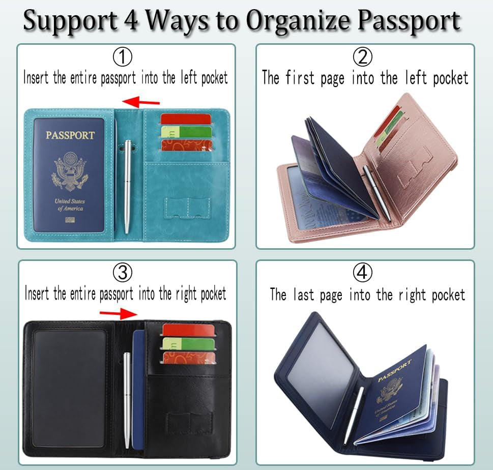 Passport and Vaccine Card Holder Combo, Cover Case with CDC Vaccination Card Slot, Leather Travel Documents Organizer Protector, with RFID Blocking, for Women and Men, Aa-Rose Gold, Compact