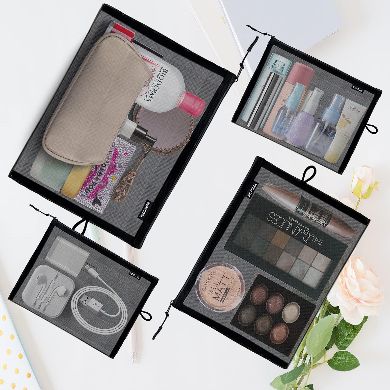 Set of 4 Travel Mesh Makeup Bag, Cosmetic Organizer Pouches with Zipper, Diaper Organizing Pouches, Nylon Toiletries Bag for Women and Men(4Pcs, Black)