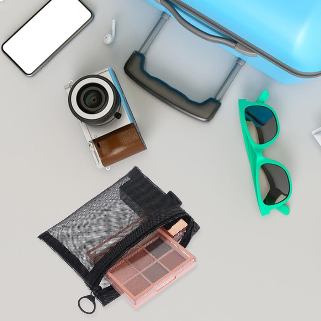 4 Pcs Nylon Cosmetic Bags - Small Keychain Pouch with Zipper, Portable Travel Cosmetic Pouch Black Mesh Bags Makeup Organizer for Lipstick