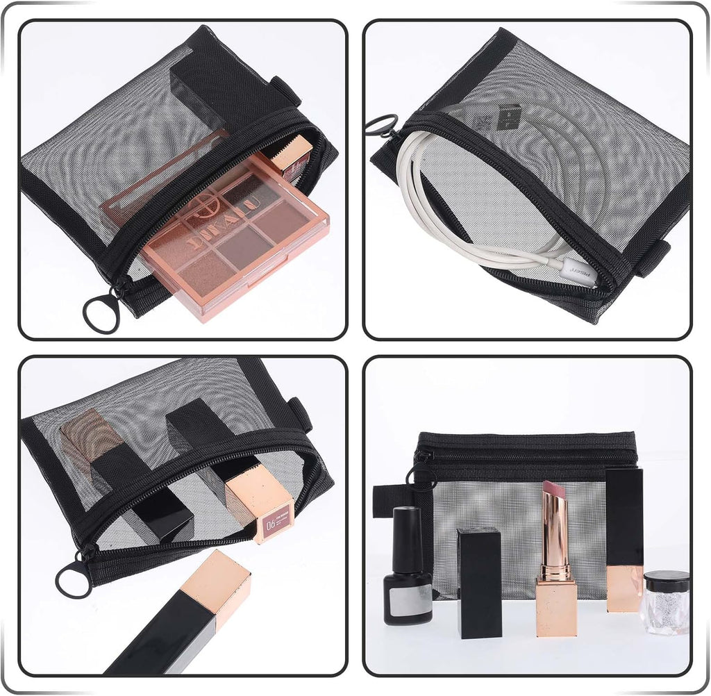 4 Pcs Nylon Cosmetic Bags - Small Keychain Pouch with Zipper, Portable Travel Cosmetic Pouch Black Mesh Bags Makeup Organizer for Lipstick
