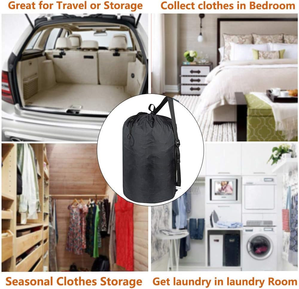 2 Pack Washable Laundry Bag with Strap, Laundry Backpack with Drawstring, Combined Use of Laundry Basket or Clothes Hamper, Can Hold 3 Loads of Laundry for Travel Dorm College, Black