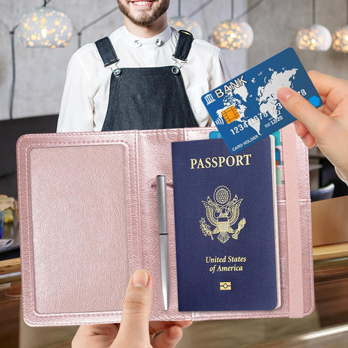 Passport and Vaccine Card Holder Combo, Cover Case with CDC Vaccination Card Slot, Leather Travel Documents Organizer Protector, with RFID Blocking, for Women and Men, Aa-Rose Gold, Compact