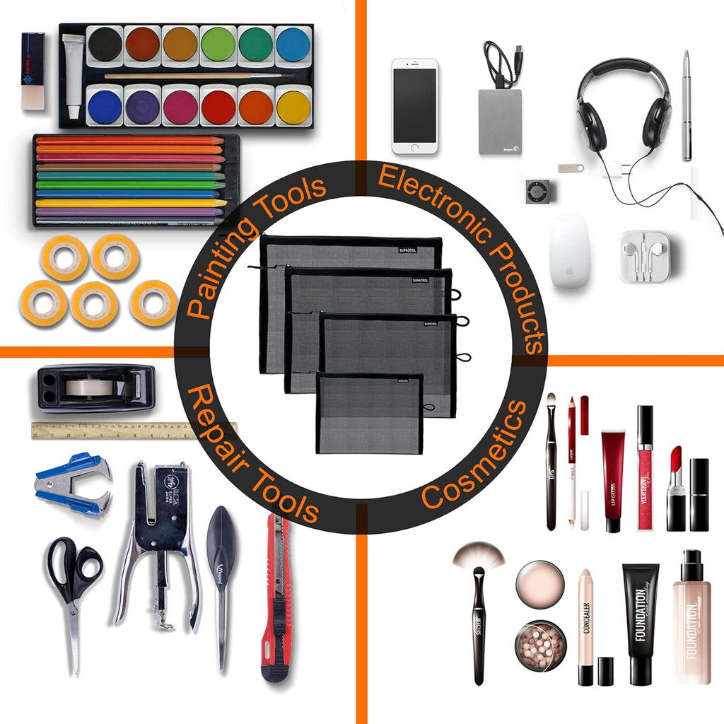 Set of 4 Travel Mesh Makeup Bag, Cosmetic Organizer Pouches with Zipper, Diaper Organizing Pouches, Nylon Toiletries Bag for Women and Men(4Pcs, Black)