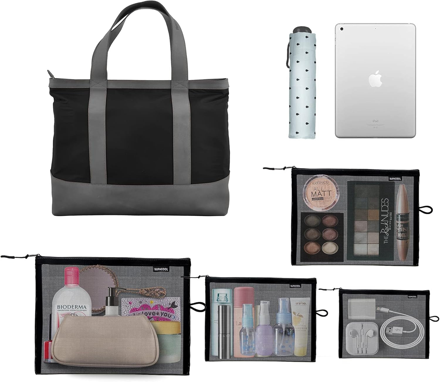 Set of 4 Travel Mesh Makeup Bag, Cosmetic Organizer Pouches with Zipper, Diaper Organizing Pouches, Nylon Toiletries Bag for Women and Men(4Pcs, Black)