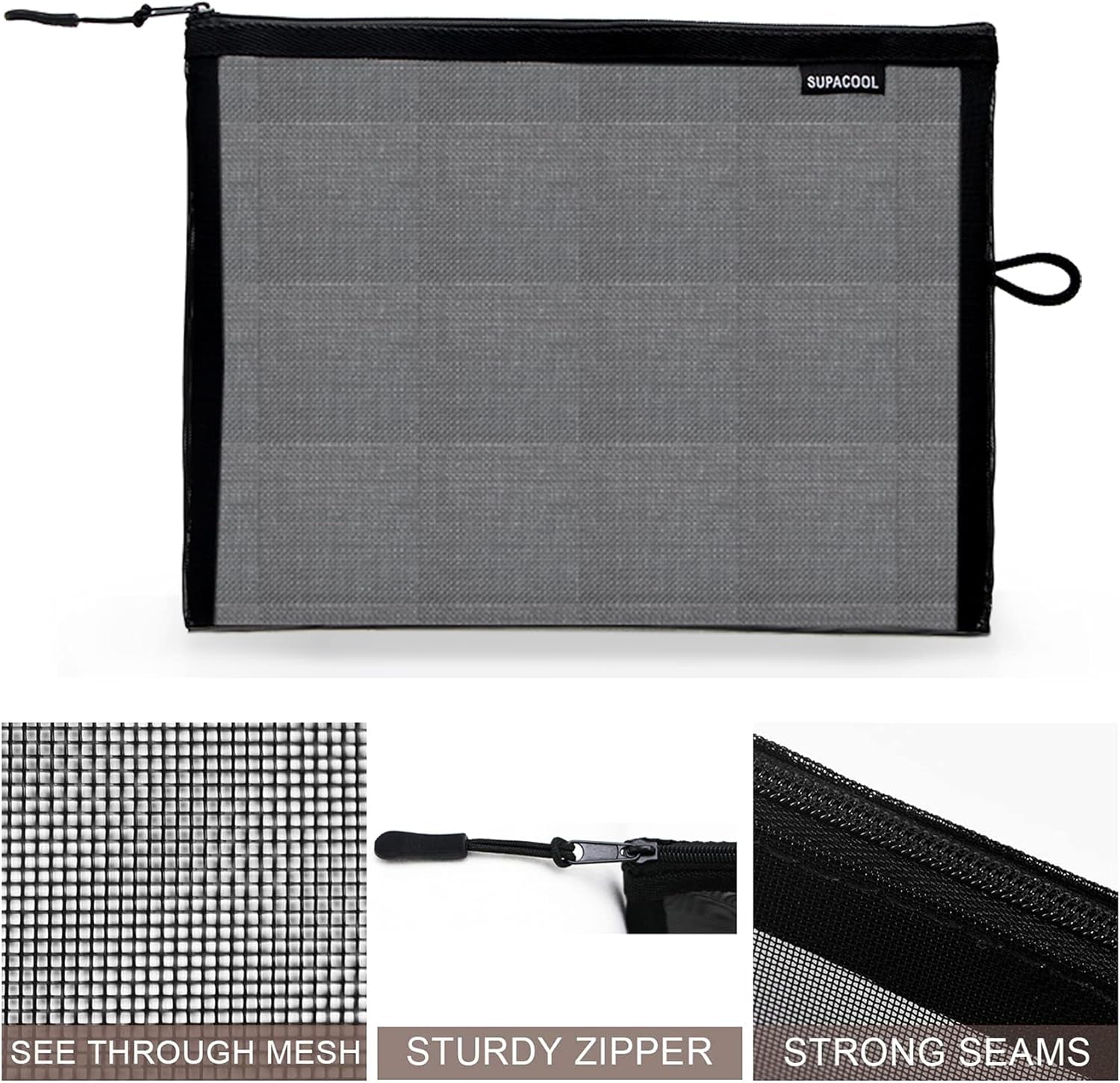 Set of 4 Travel Mesh Makeup Bag, Cosmetic Organizer Pouches with Zipper, Diaper Organizing Pouches, Nylon Toiletries Bag for Women and Men(4Pcs, Black)