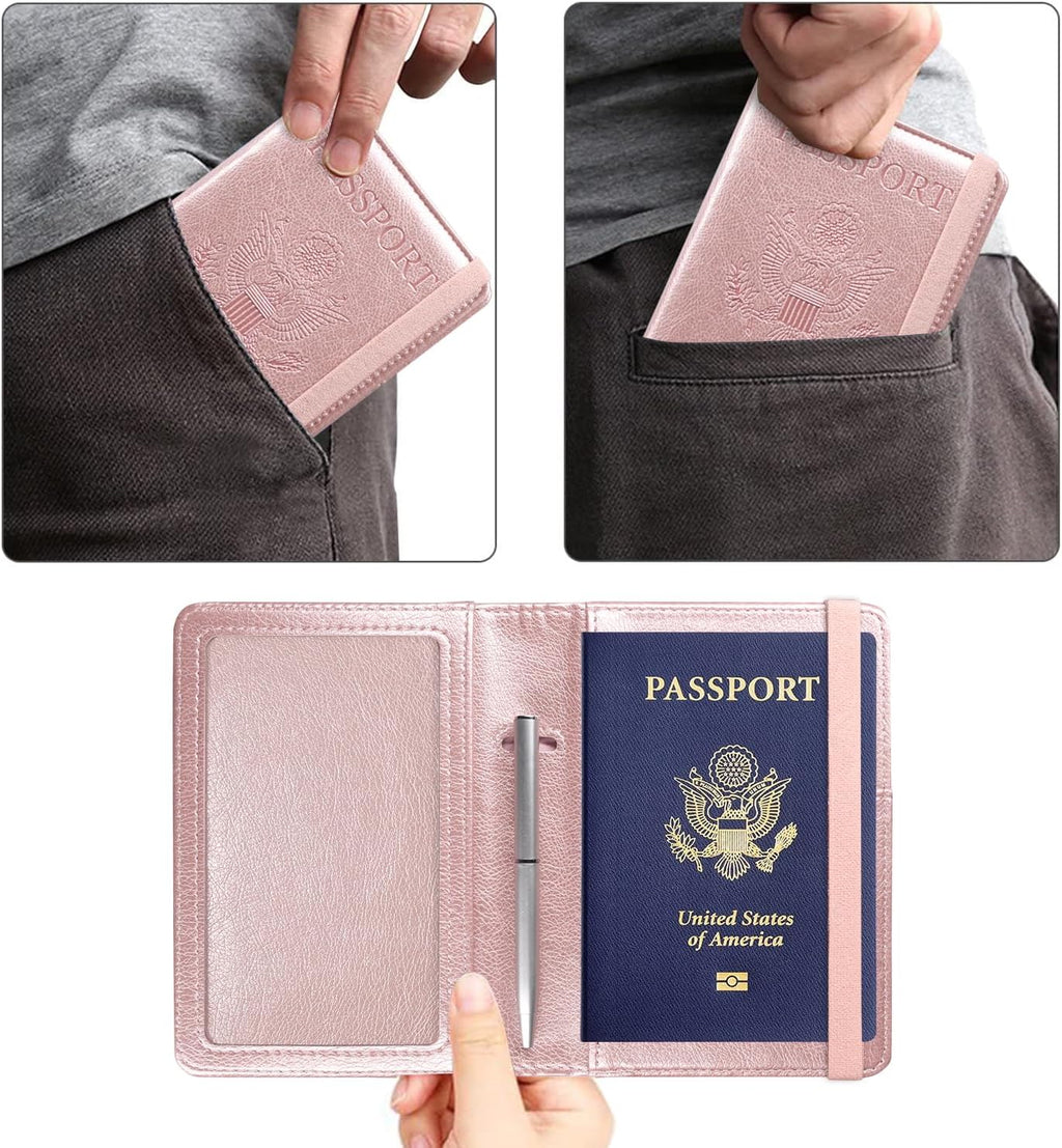 Passport and Vaccine Card Holder Combo, Cover Case with CDC Vaccination Card Slot, Leather Travel Documents Organizer Protector, with RFID Blocking, for Women and Men, Aa-Rose Gold, Compact
