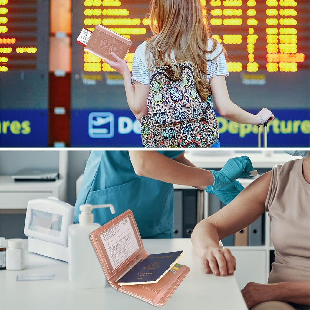 Passport and Vaccine Card Holder Combo, Cover Case with CDC Vaccination Card Slot, Leather Travel Documents Organizer Protector, with RFID Blocking, for Women and Men, Aa-Rose Gold, Compact