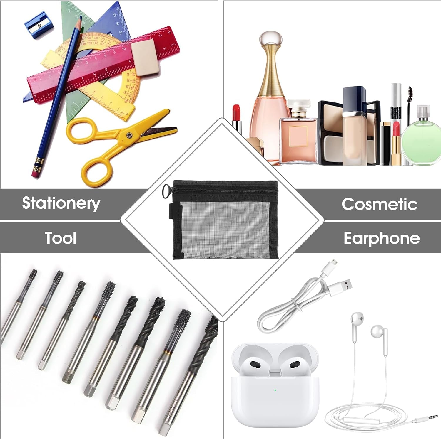 4 Pcs Nylon Cosmetic Bags - Small Keychain Pouch with Zipper, Portable Travel Cosmetic Pouch Black Mesh Bags Makeup Organizer for Lipstick