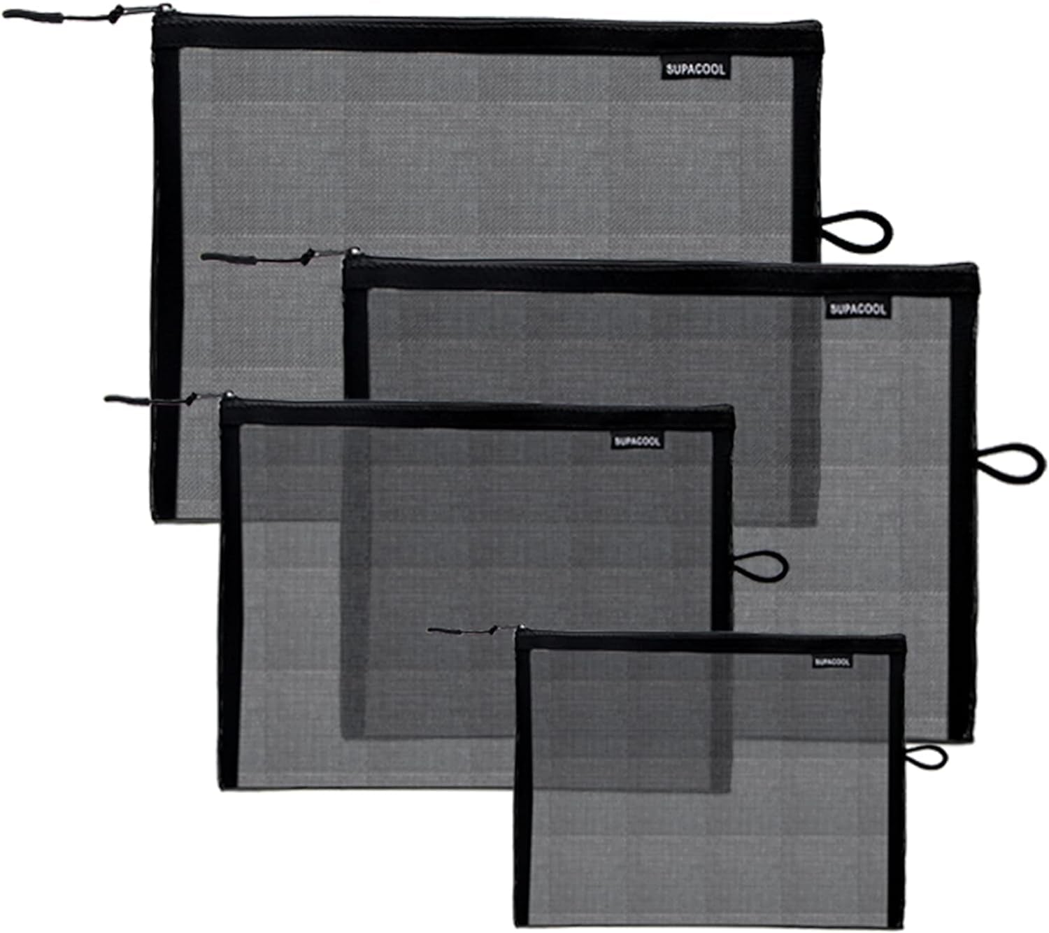 Set of 4 Travel Mesh Makeup Bag, Cosmetic Organizer Pouches with Zipper, Diaper Organizing Pouches, Nylon Toiletries Bag for Women and Men(4Pcs, Black)