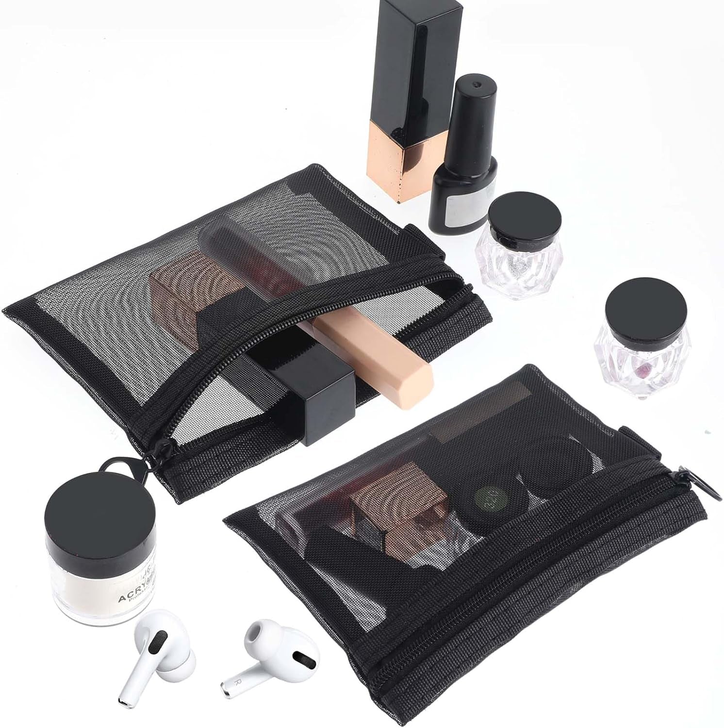 4 Pcs Nylon Cosmetic Bags - Small Keychain Pouch with Zipper, Portable Travel Cosmetic Pouch Black Mesh Bags Makeup Organizer for Lipstick