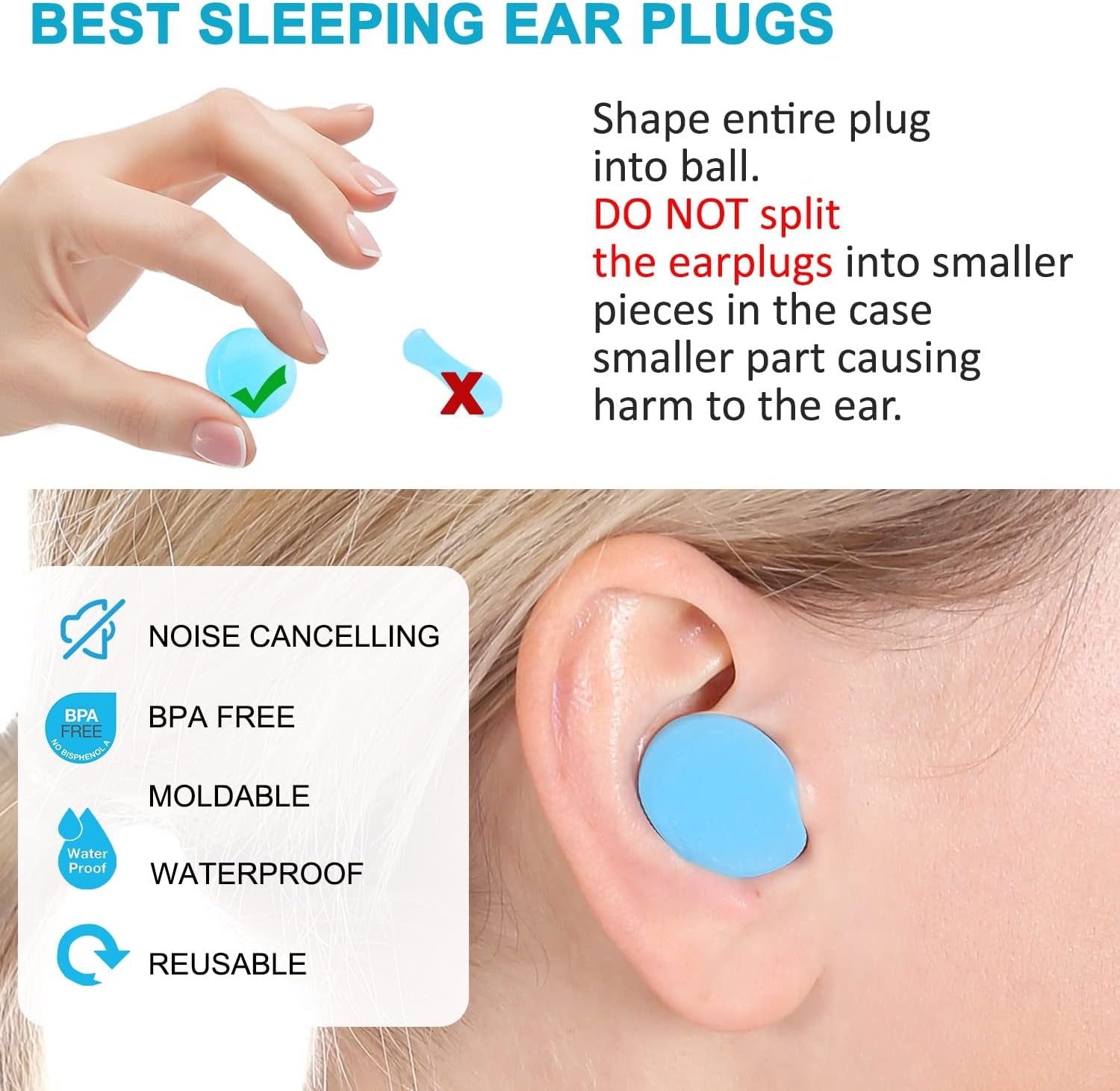 Ear Plugs for Sleeping, Waterproof Moldable Silicone Earplugs for Sleeping Noise Cancelling, Mowing, Swimming and Concerts