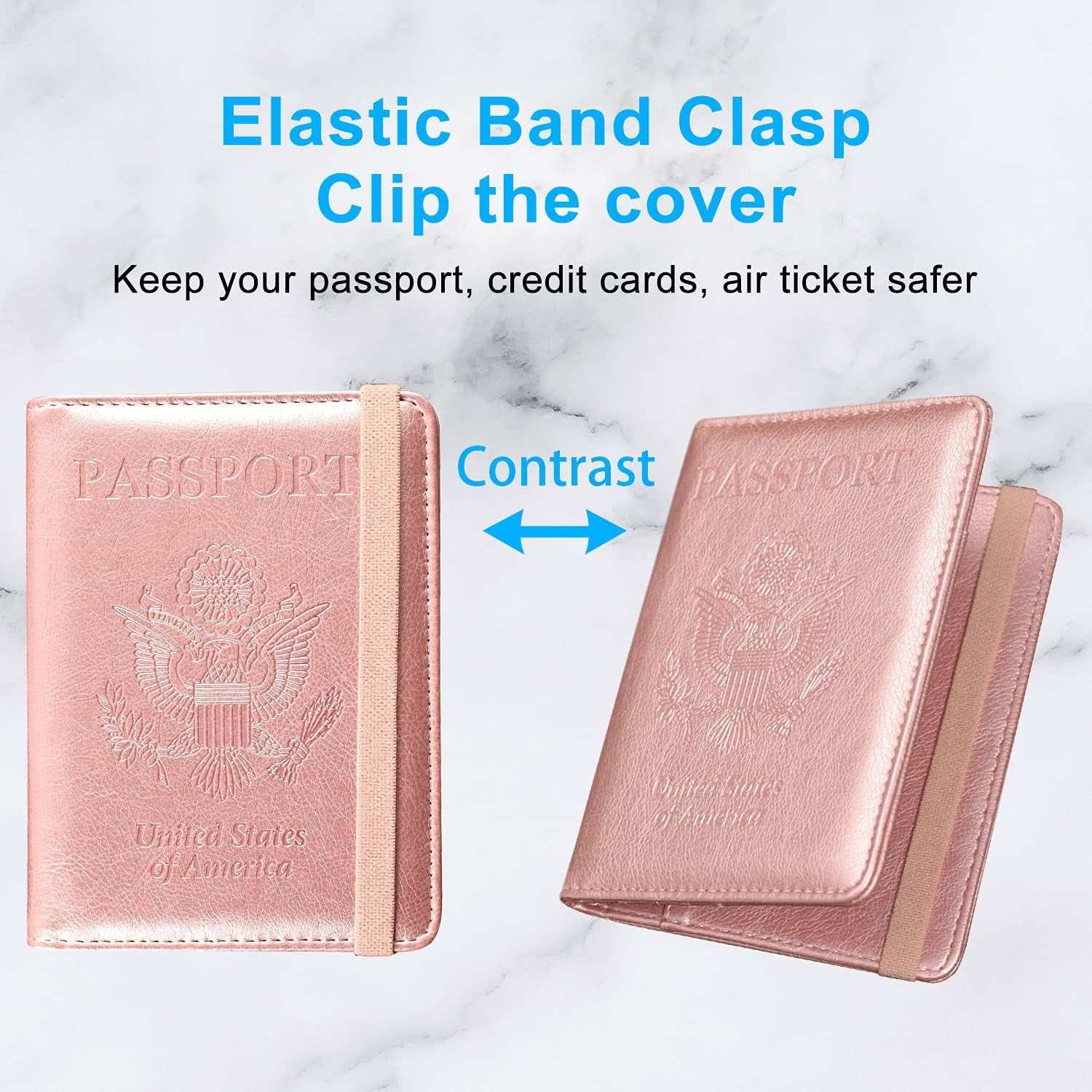 Passport and Vaccine Card Holder Combo, Cover Case with CDC Vaccination Card Slot, Leather Travel Documents Organizer Protector, with RFID Blocking, for Women and Men, Aa-Rose Gold, Compact
