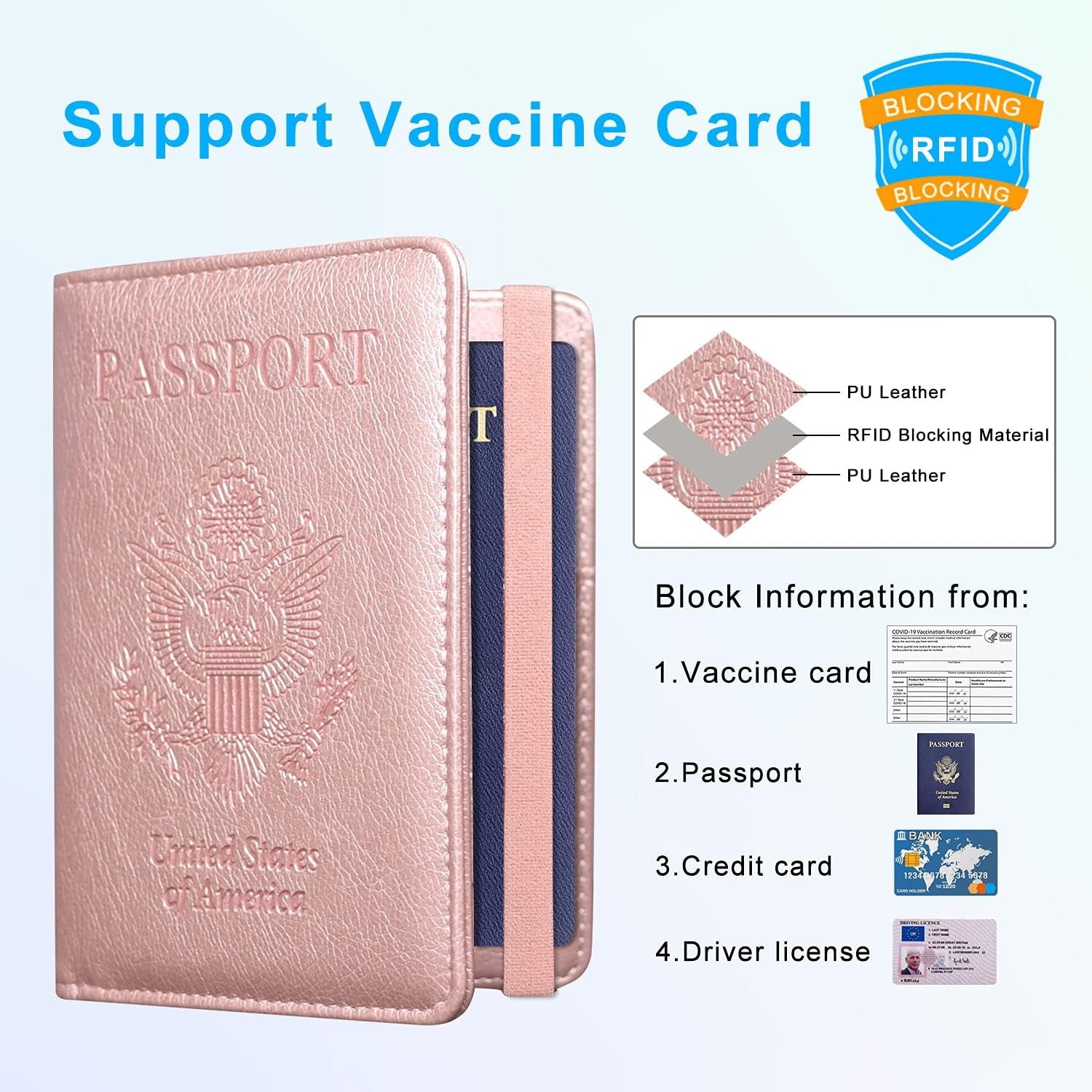 Passport and Vaccine Card Holder Combo, Cover Case with CDC Vaccination Card Slot, Leather Travel Documents Organizer Protector, with RFID Blocking, for Women and Men, Aa-Rose Gold, Compact