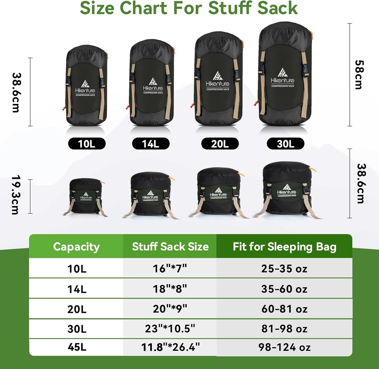 Compression Sack for Sleeping Bag, Upgrade Anti-Tear Nylon Sleeping Bag Stuff Sack, 10L/14L/20L/30L Water-Resistant Compression Bag, Storage Bag