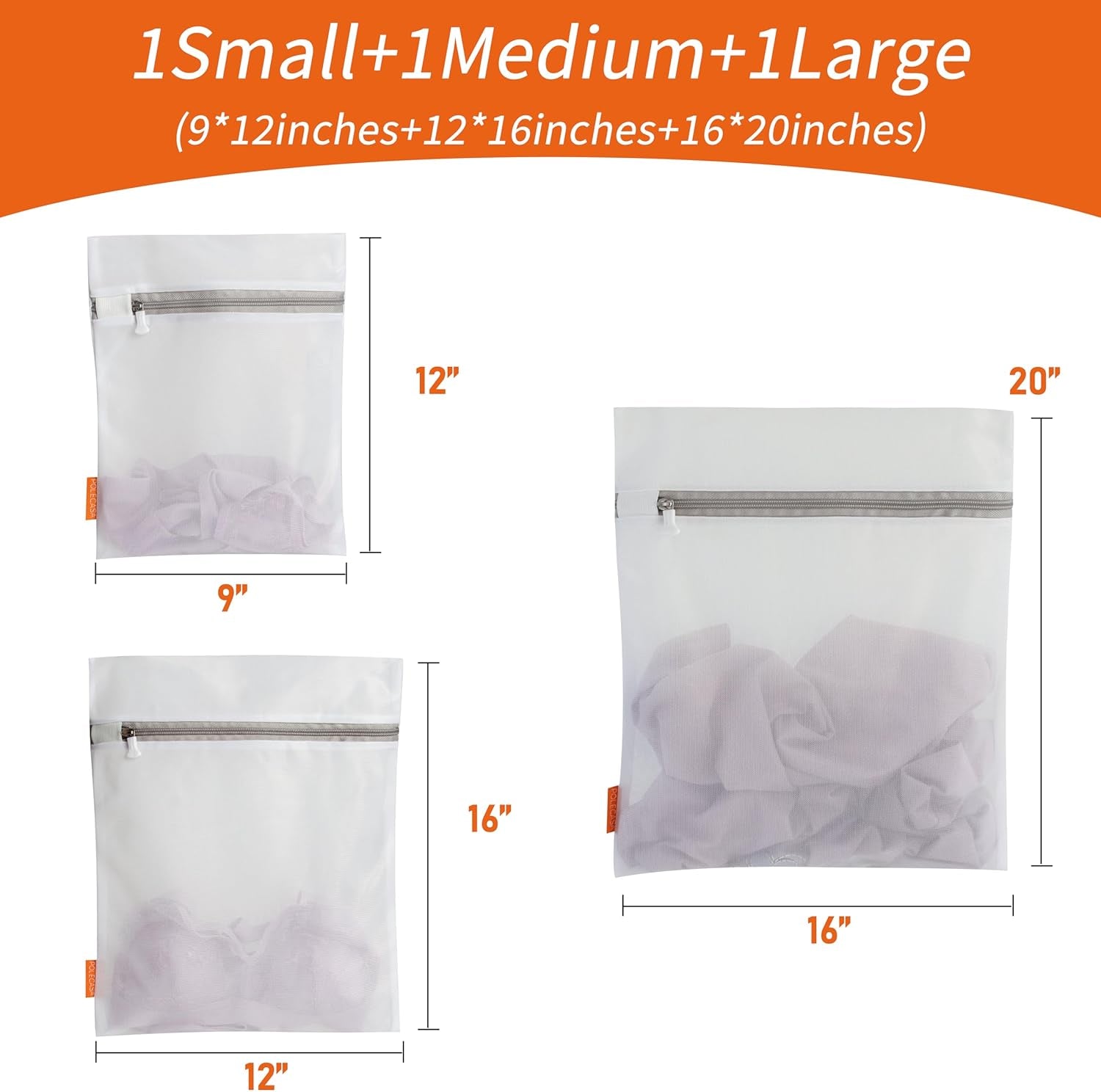 3Pcs Mesh Laundry Bags with Sturdy Zipper, Even Mesh Holes, Variety Sizes for All Your Delicates, Lingerie, Bras, Baby Clothes -Travel Essentials (1 Large, 1 Medium, 1 Small)